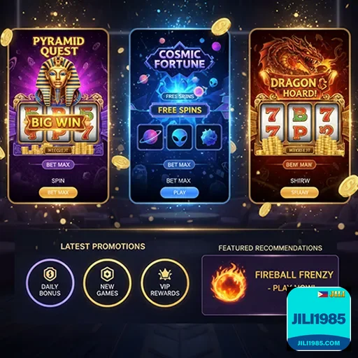 Colorful online casino homepage layout with game icons and banners on jili1985