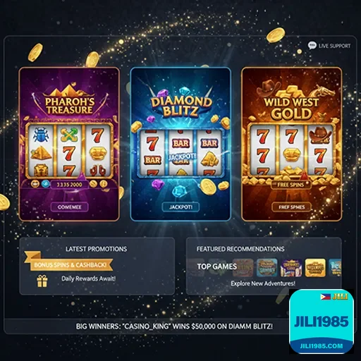 Colorful online casino homepage with slot games and bonuses featured on jili1985